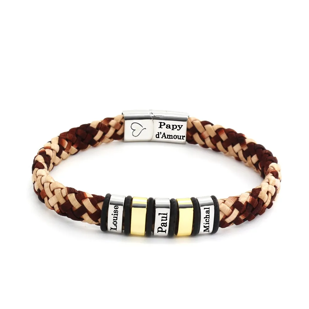 Custom Names Bracelet for Men Personalized Wristband Jewelry Coffee Black Leather Bangles
