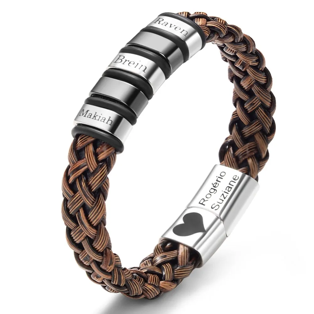 Custom Names Bracelet for Men Personalized Wristband Jewelry Coffee Black Leather Bangles