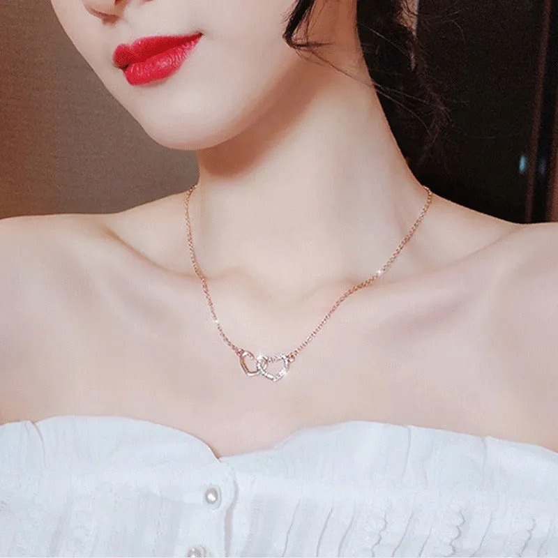 Double Heart Necklace Clavicle Chain Elegant Lady Loves You