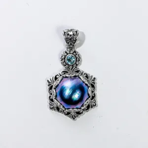 Enchanting Bali Handmade Peacock Mabe Pearl and Sky Blue Topaz pendant in Sterling Silver