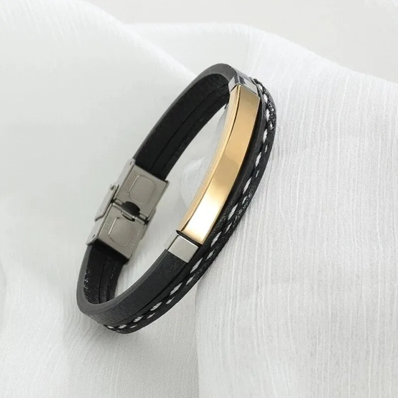 Engrave Letters Date Leather Bracelets Stainless Steel Nameplate Men Bangles