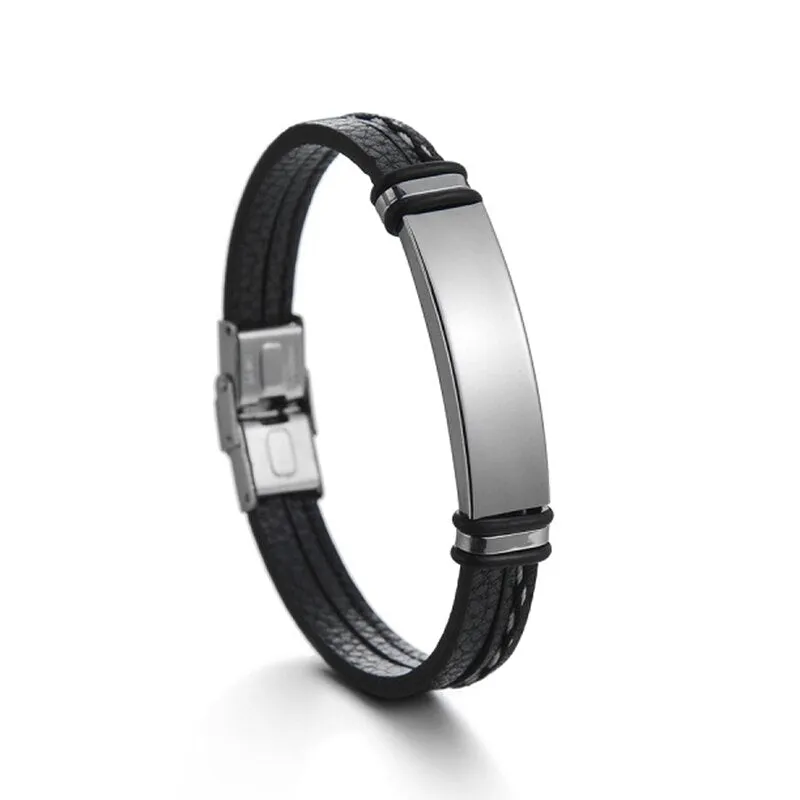 Engrave Letters Date Leather Bracelets Stainless Steel Nameplate Men Bangles