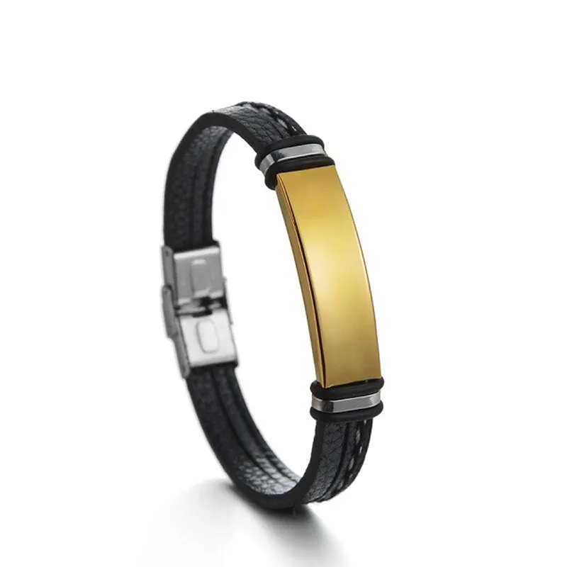 Engrave Letters Date Leather Bracelets Stainless Steel Nameplate Men Bangles