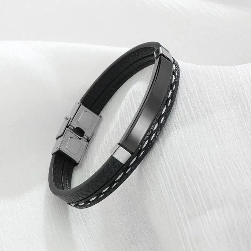 Engrave Letters Date Leather Bracelets Stainless Steel Nameplate Men Bangles