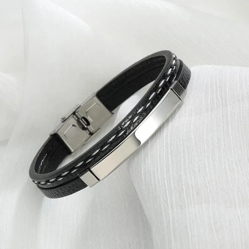 Engrave Letters Date Leather Bracelets Stainless Steel Nameplate Men Bangles