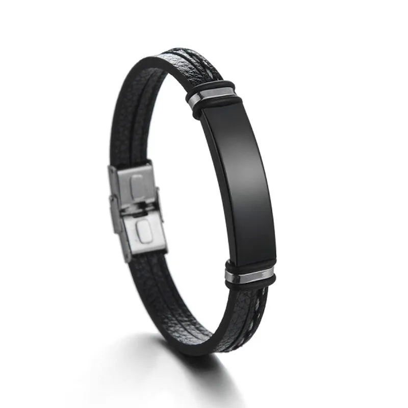 Engrave Letters Date Leather Bracelets Stainless Steel Nameplate Men Bangles
