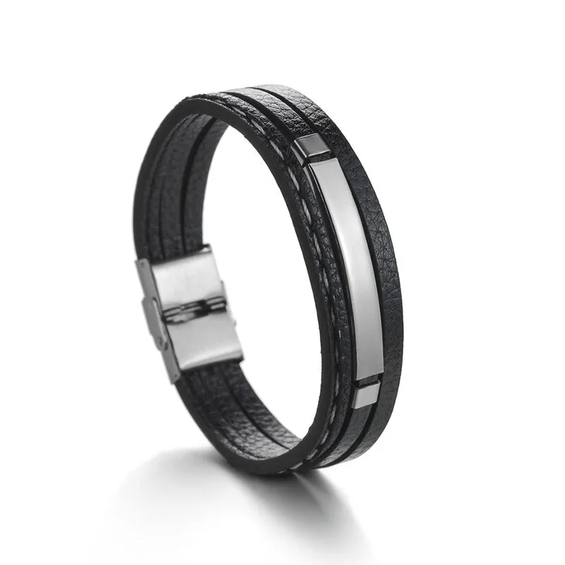 Engrave Letters Date Leather Bracelets Stainless Steel Nameplate Men Bangles