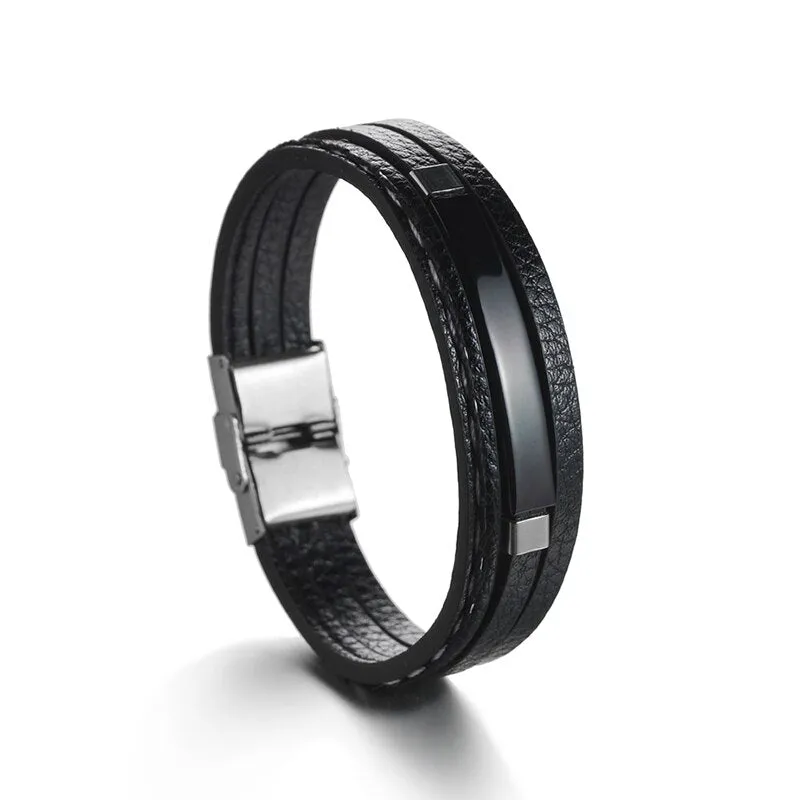 Engrave Letters Date Leather Bracelets Stainless Steel Nameplate Men Bangles