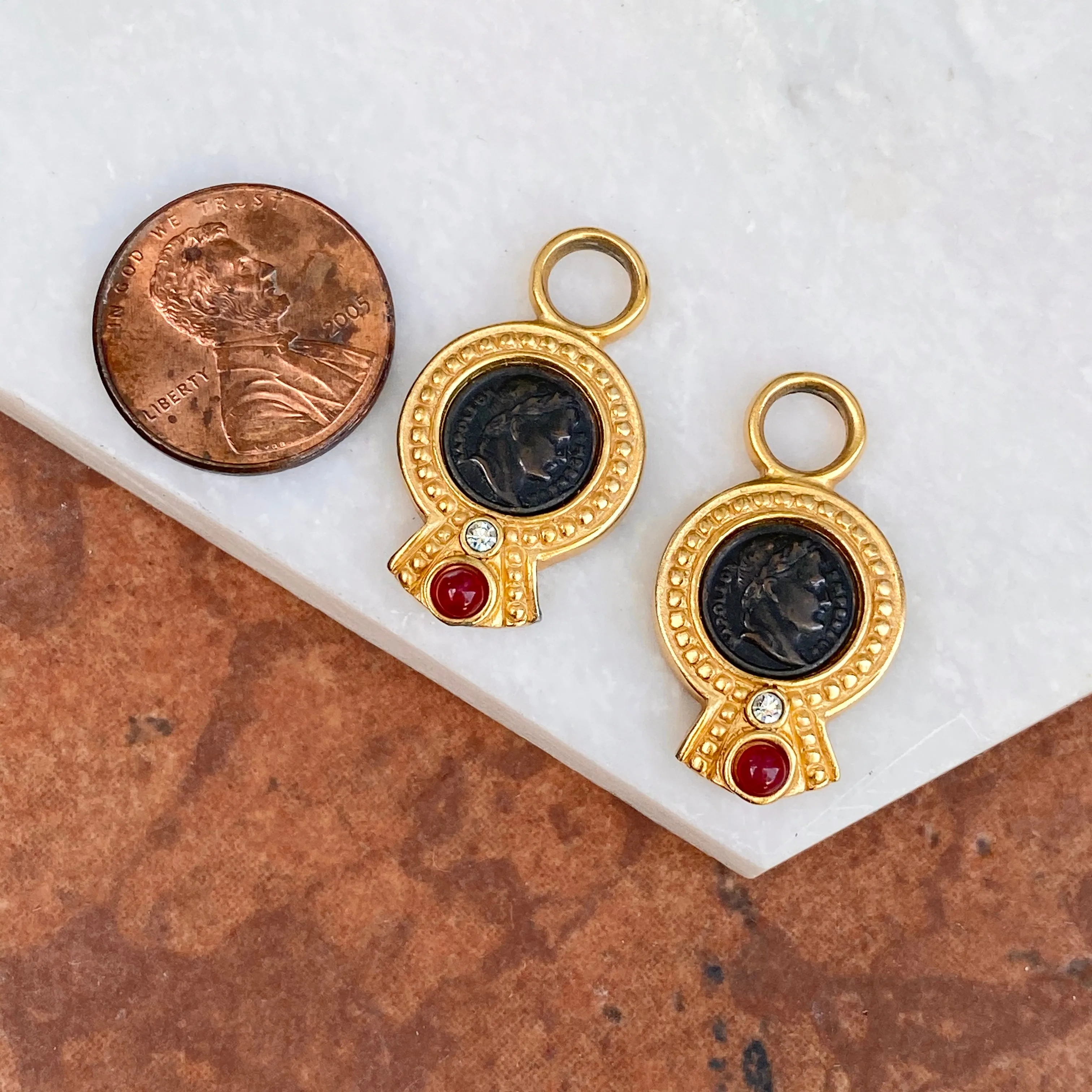 Estate 14KT Yellow Gold Vermeil Matte Faux Brome Roman Coin Earrings Charms
