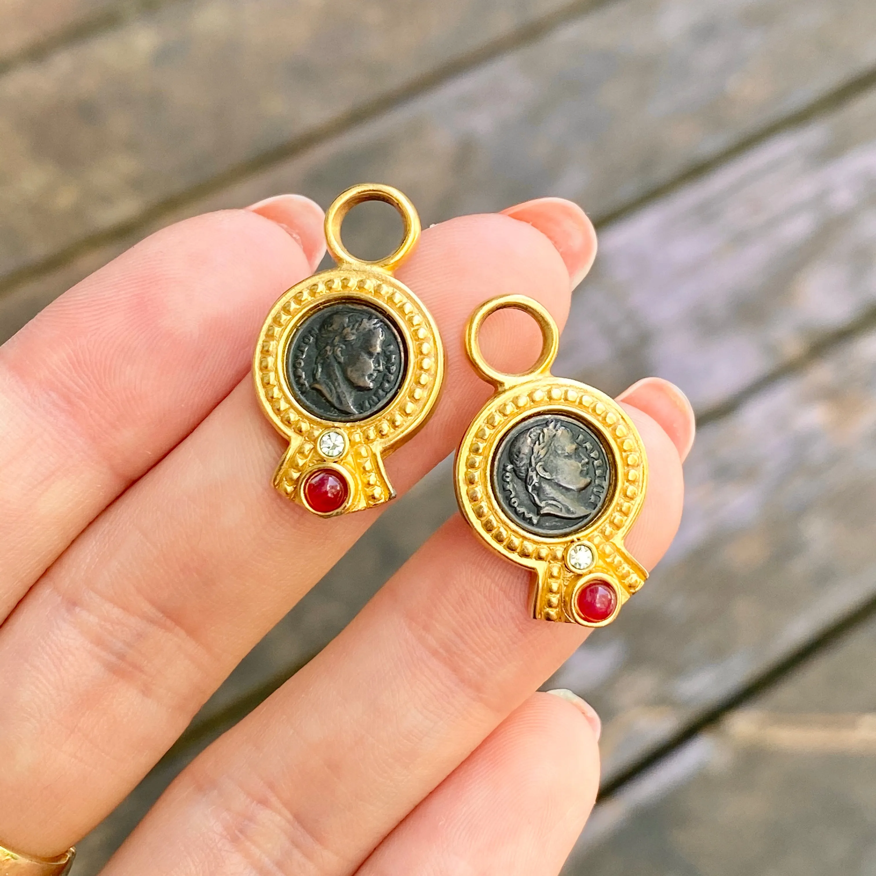 Estate 14KT Yellow Gold Vermeil Matte Faux Brome Roman Coin Earrings Charms