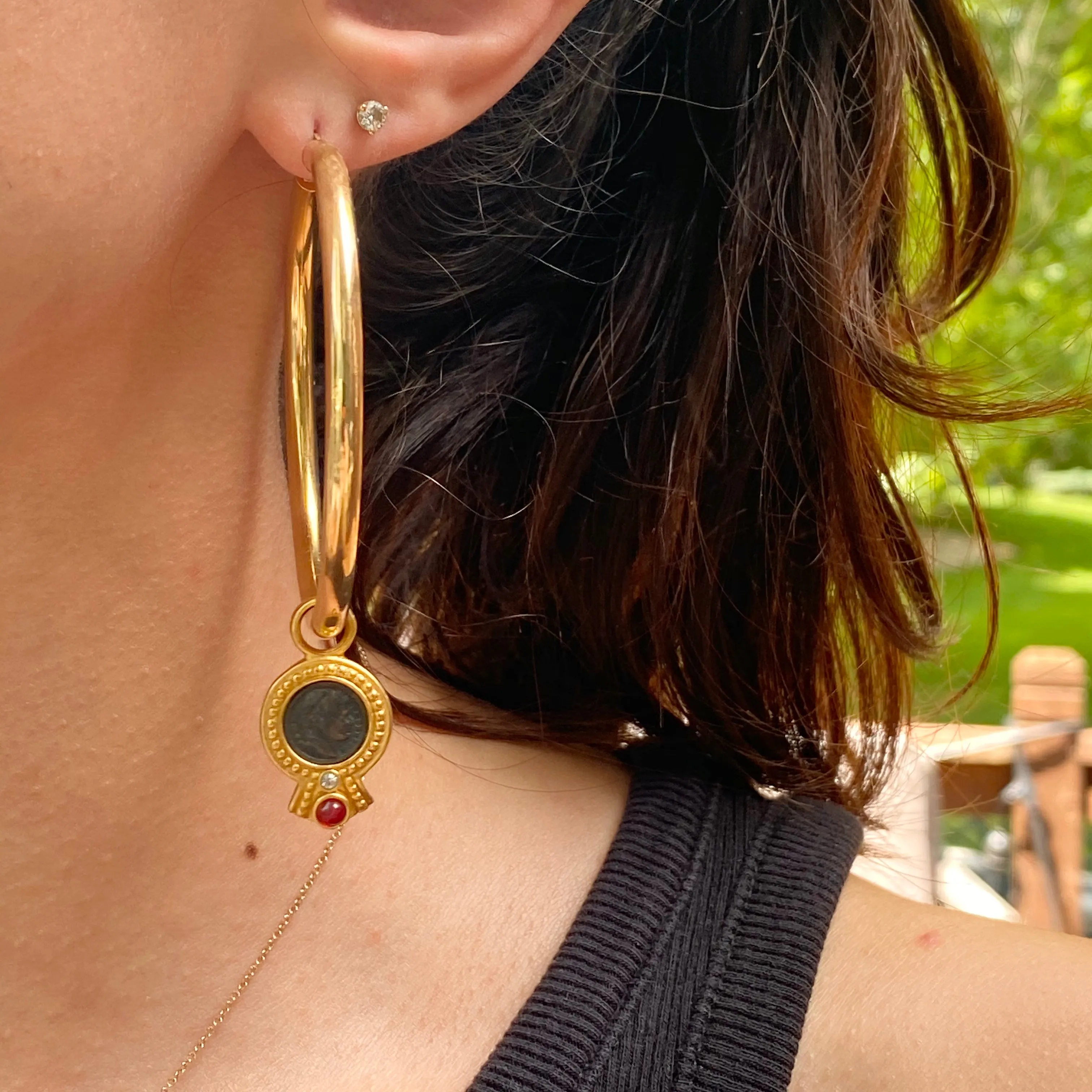 Estate 14KT Yellow Gold Vermeil Matte Faux Brome Roman Coin Earrings Charms