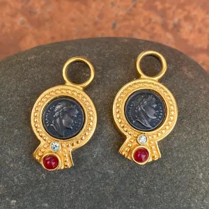 Estate 14KT Yellow Gold Vermeil Matte Faux Brome Roman Coin Earrings Charms