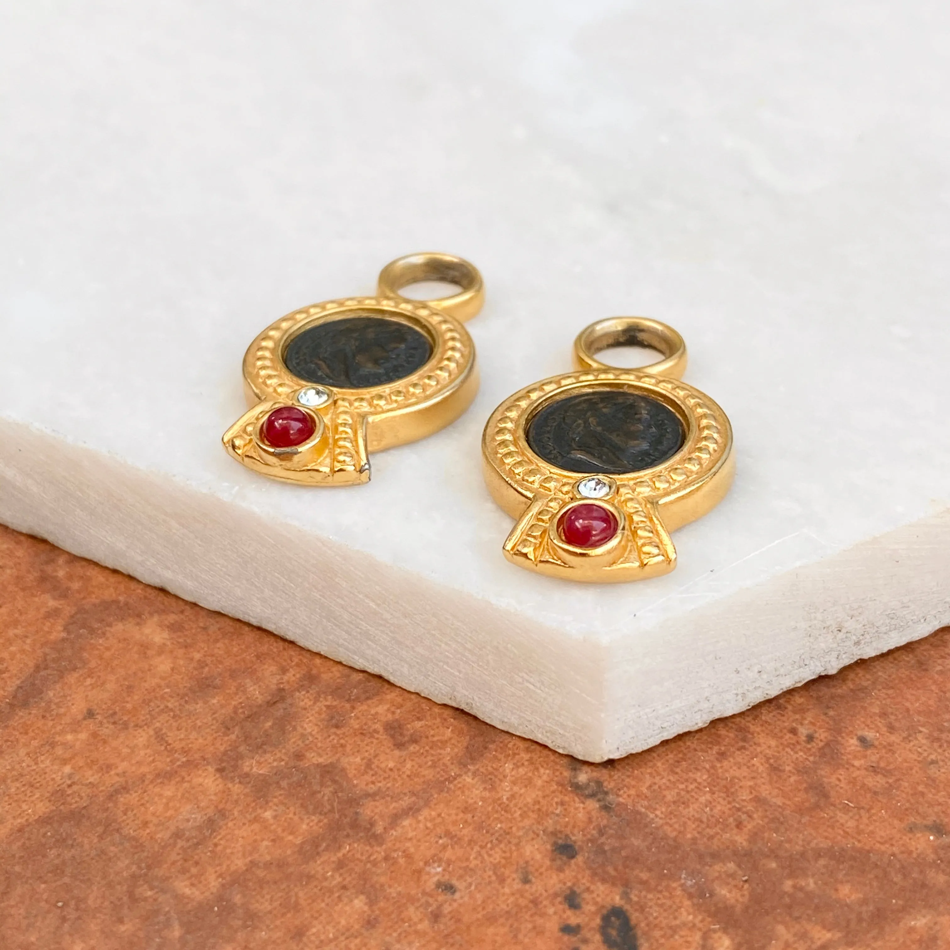 Estate 14KT Yellow Gold Vermeil Matte Faux Brome Roman Coin Earrings Charms