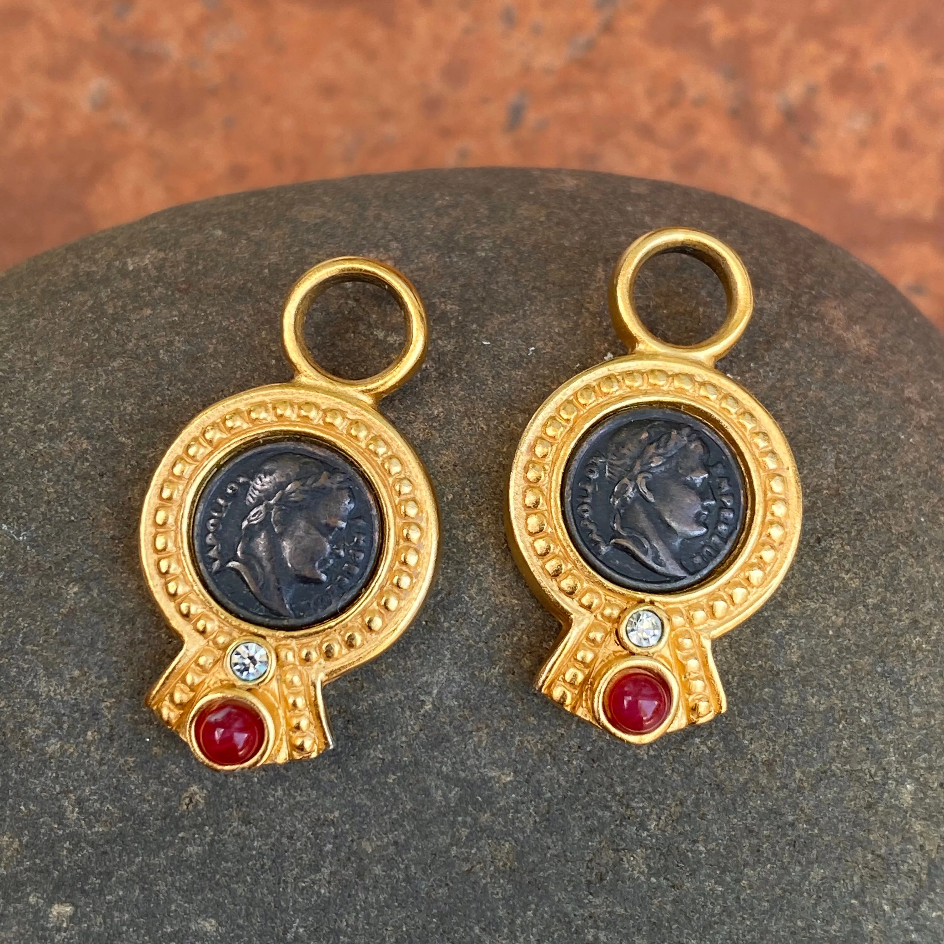Estate 14KT Yellow Gold Vermeil Matte Faux Brome Roman Coin Earrings Charms