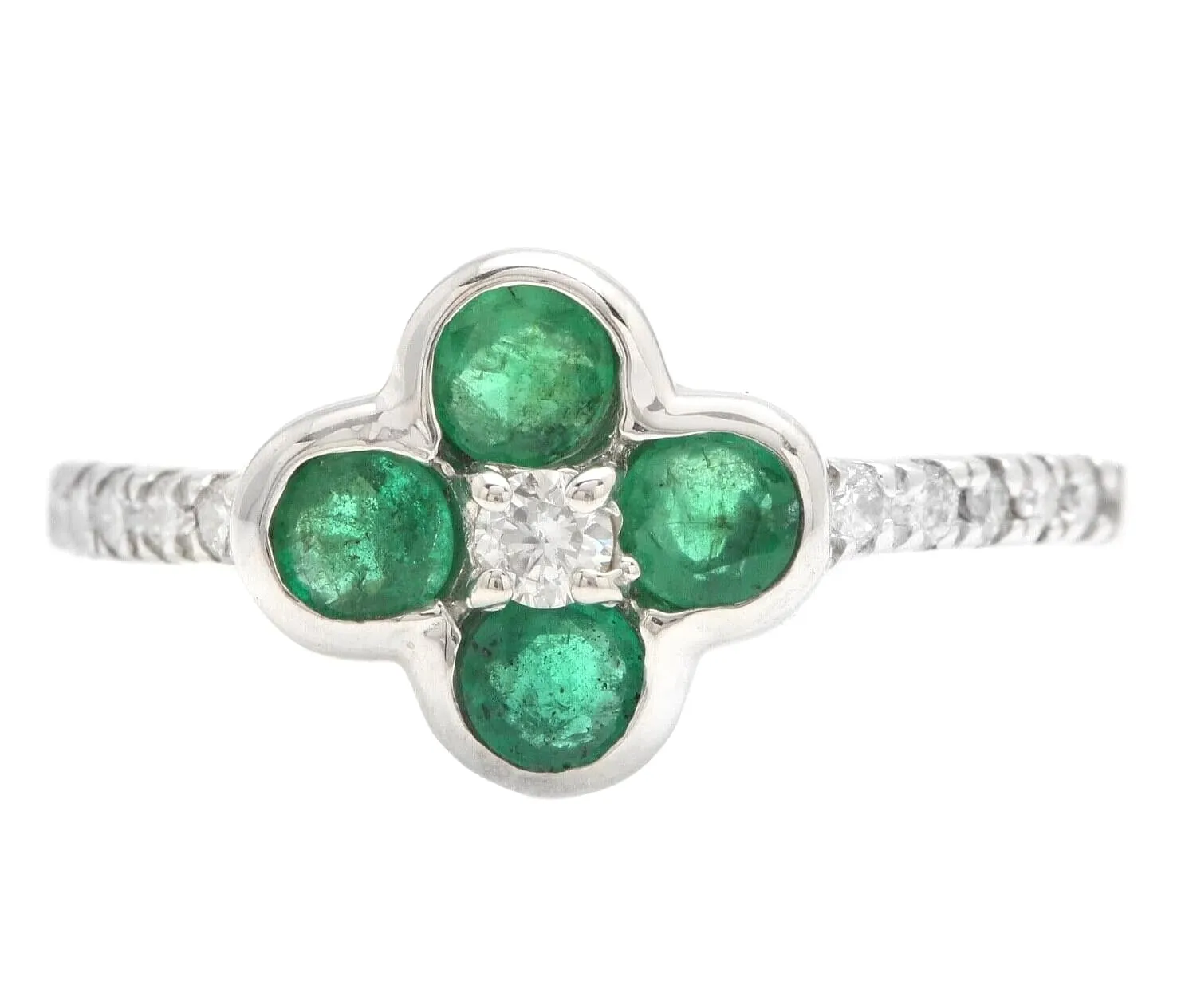 Exquisite Natural Emerald and Diamond 14K Solid White Gold Ring