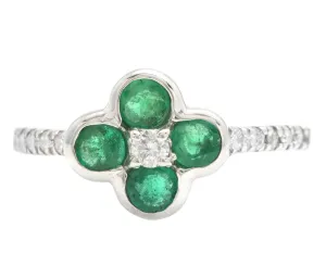 Exquisite Natural Emerald and Diamond 14K Solid White Gold Ring
