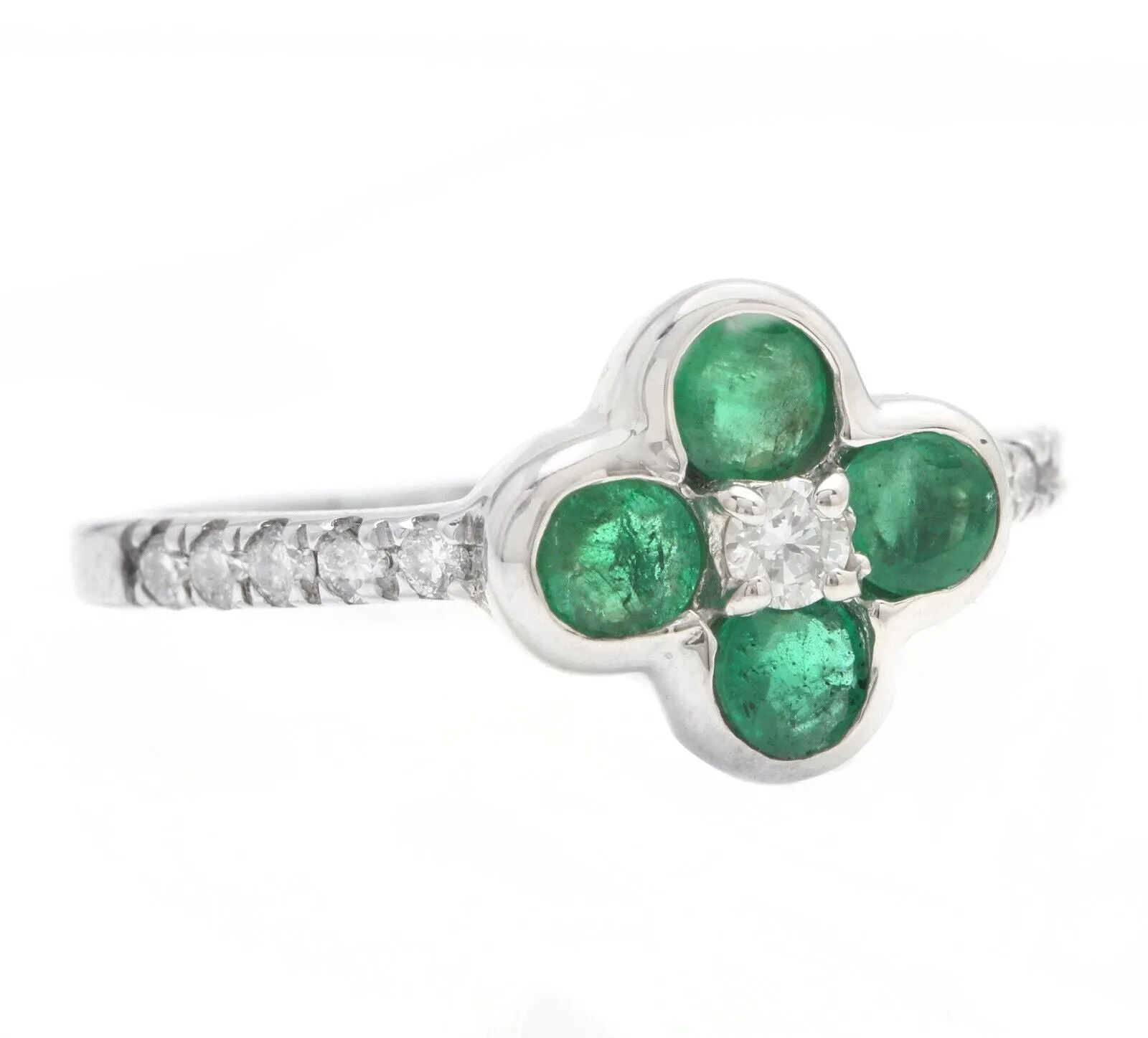 Exquisite Natural Emerald and Diamond 14K Solid White Gold Ring