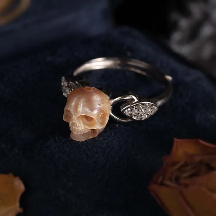 Exquisite Pearl Skull and Leaf CZ Statement Ring