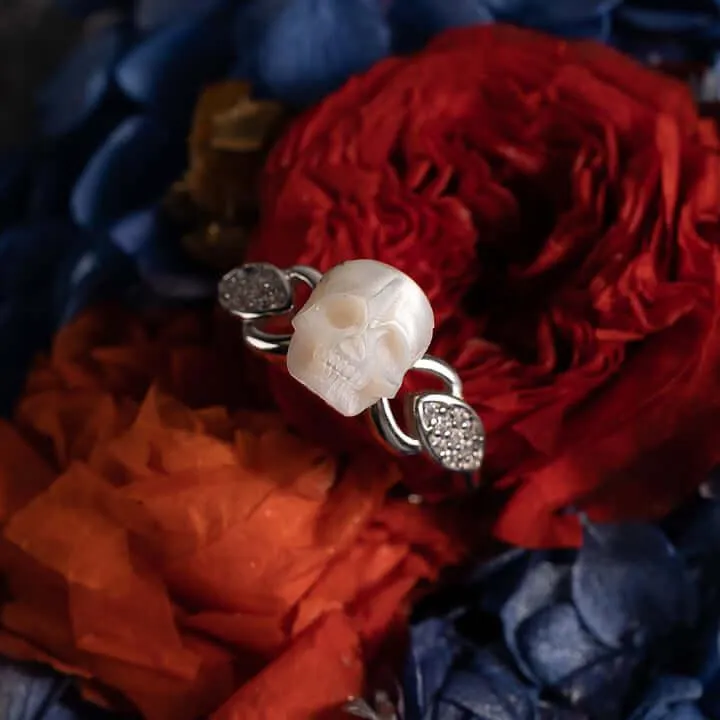 Exquisite Pearl Skull and Leaf CZ Statement Ring