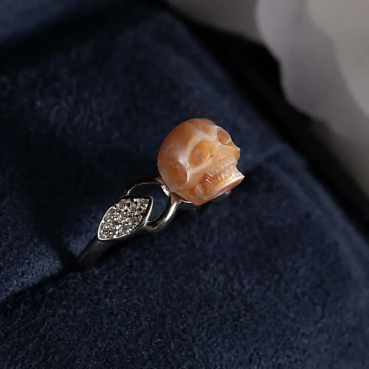 Exquisite Pearl Skull and Leaf CZ Statement Ring