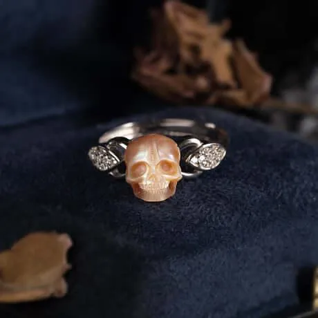 Exquisite Pearl Skull and Leaf CZ Statement Ring