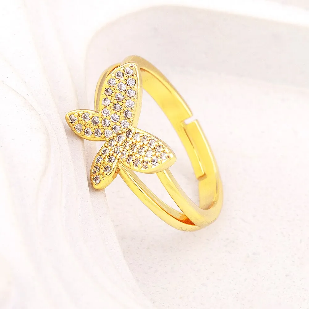 Exquisite Zircon Lucky Butterfly Inlaid Shine Crystal Gold Plated Ring Women