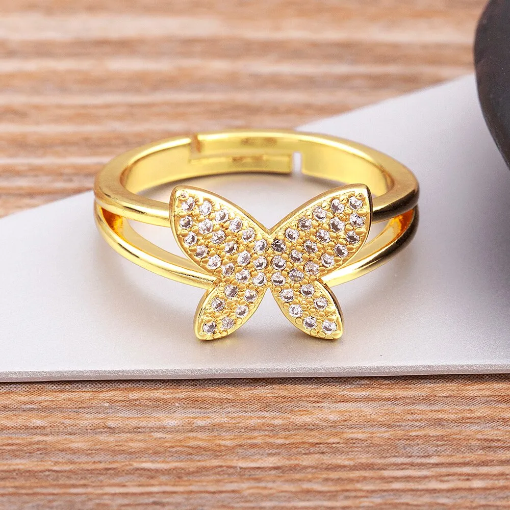 Exquisite Zircon Lucky Butterfly Inlaid Shine Crystal Gold Plated Ring Women