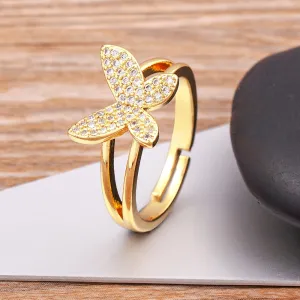 Exquisite Zircon Lucky Butterfly Inlaid Shine Crystal Gold Plated Ring Women