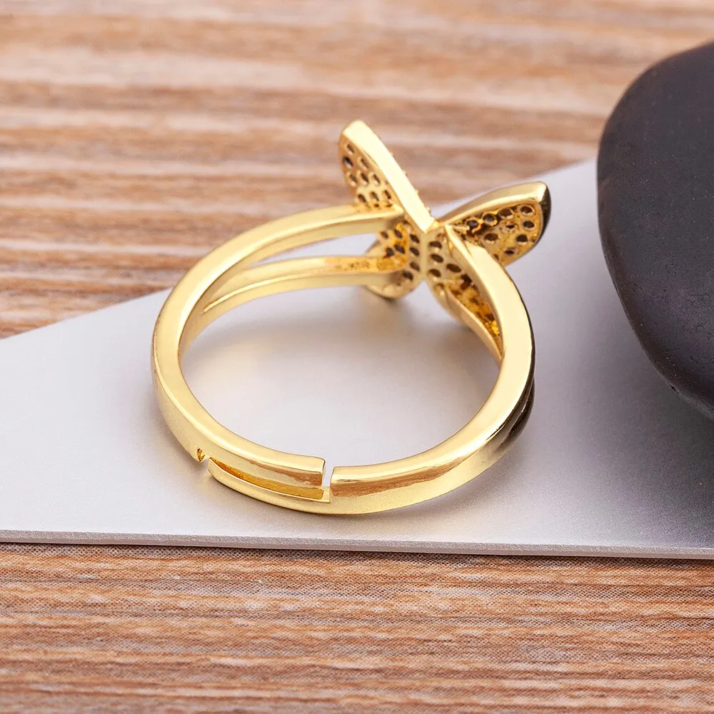 Exquisite Zircon Lucky Butterfly Inlaid Shine Crystal Gold Plated Ring Women
