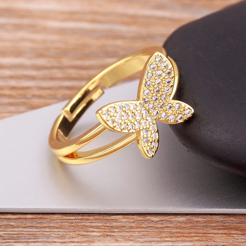 Exquisite Zircon Lucky Butterfly Inlaid Shine Crystal Gold Plated Ring Women