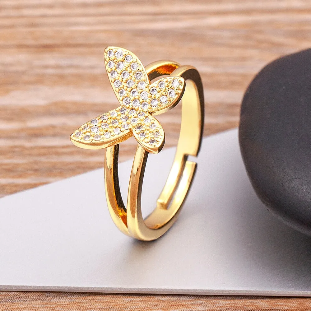 Exquisite Zircon Lucky Butterfly Inlaid Shine Crystal Gold Plated Ring Women