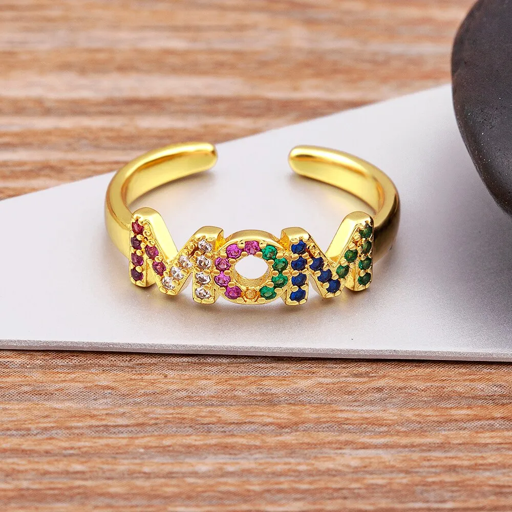 Exquisite Zircon Mom Letter Inlaid Rainbow Crystal Ring Women
