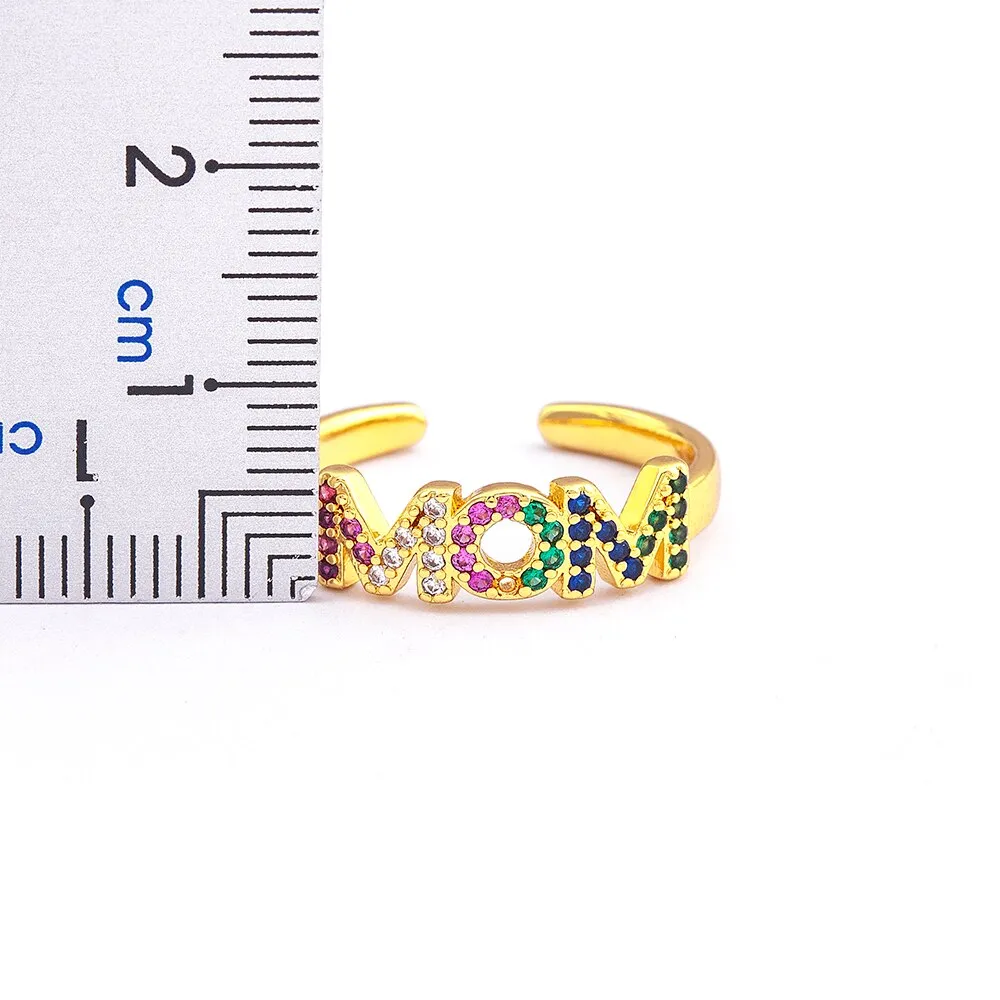 Exquisite Zircon Mom Letter Inlaid Rainbow Crystal Ring Women