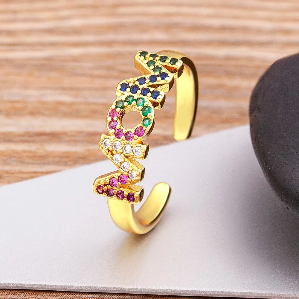Exquisite Zircon Mom Letter Inlaid Rainbow Crystal Ring Women
