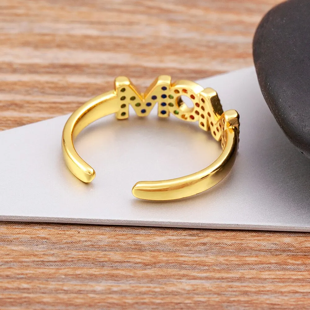 Exquisite Zircon Mom Letter Inlaid Rainbow Crystal Ring Women