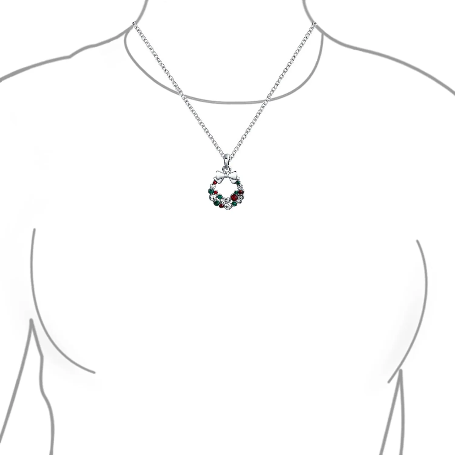 Fashion Sparkling Christmas Bow Crystal Holiday Pendant Necklace Silver Plated