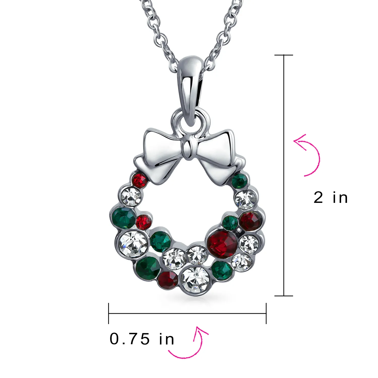 Fashion Sparkling Christmas Bow Crystal Holiday Pendant Necklace Silver Plated