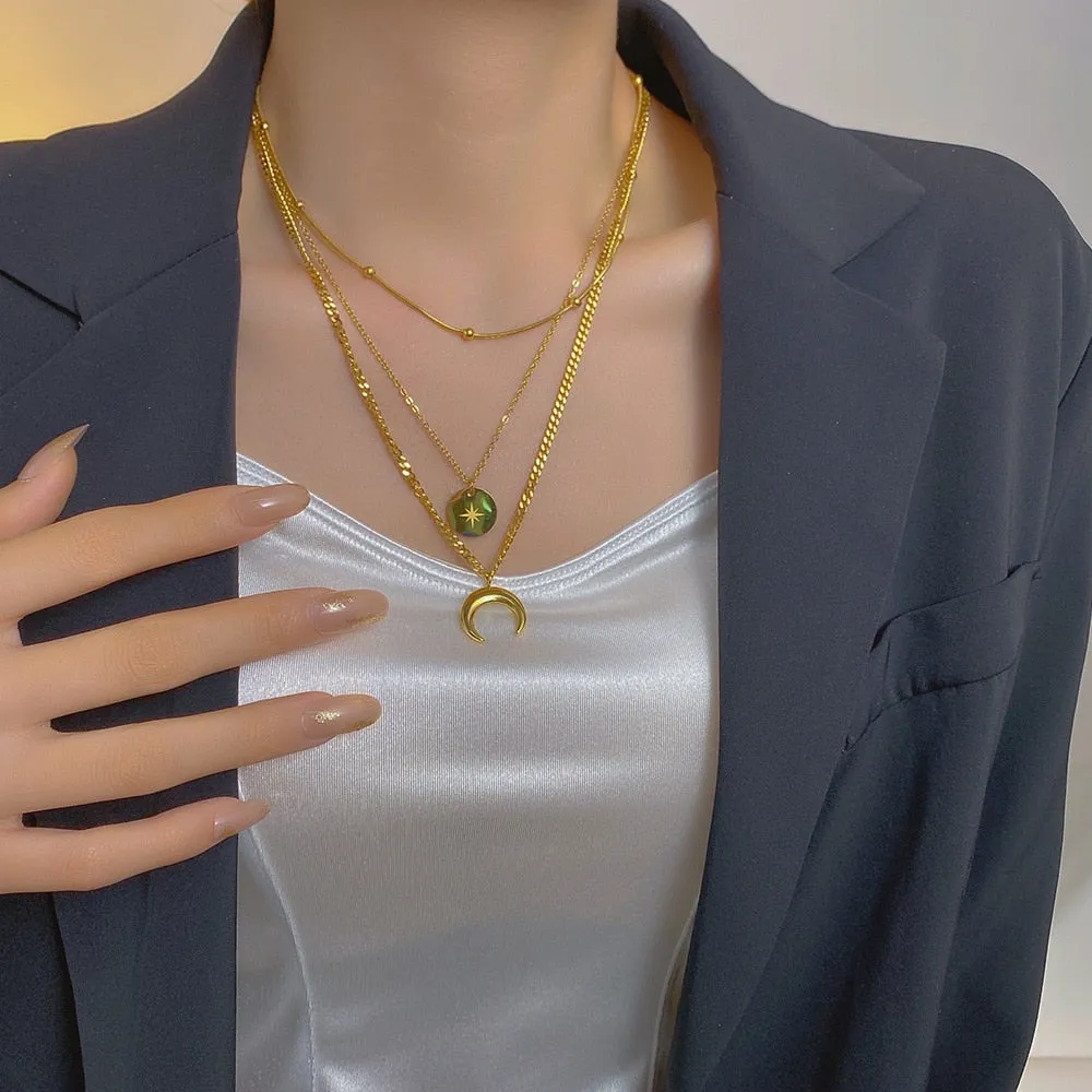 Fashion Upscale Jewelry 3 Layer Moon Stars Charms Thick Chain Choker Necklaces Pendants For Women