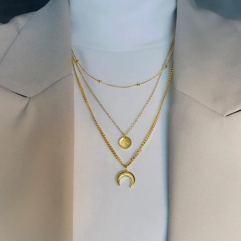 Fashion Upscale Jewelry 3 Layer Moon Stars Charms Thick Chain Choker Necklaces Pendants For Women