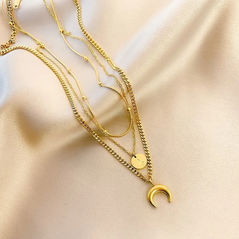 Fashion Upscale Jewelry 3 Layer Moon Stars Charms Thick Chain Choker Necklaces Pendants For Women
