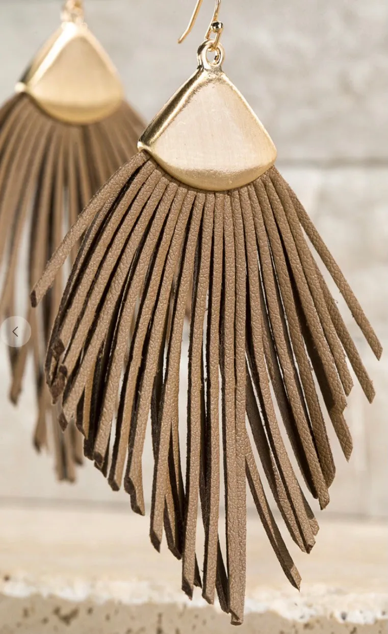 Faux Leather Feather Shape Tassel Earrings - Tan