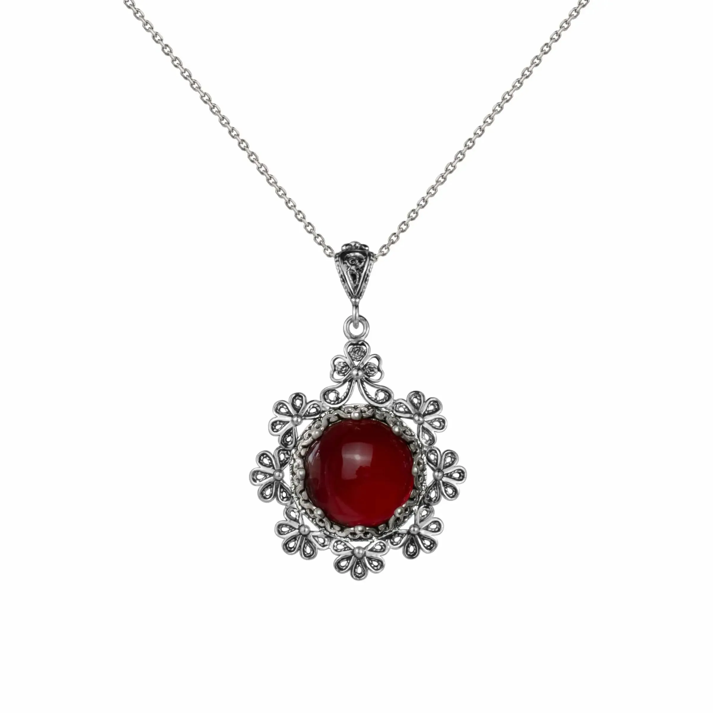 Filigree Art Carnelian Gemstone Floral Design Women Silver Pendant Necklace