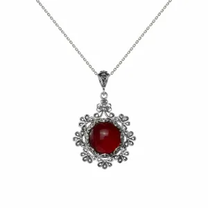Filigree Art Carnelian Gemstone Floral Design Women Silver Pendant Necklace