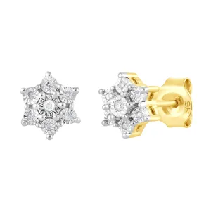 Flower Stud Earrings with 0.05ct of Diamonds in 9ct Yellow Gold
