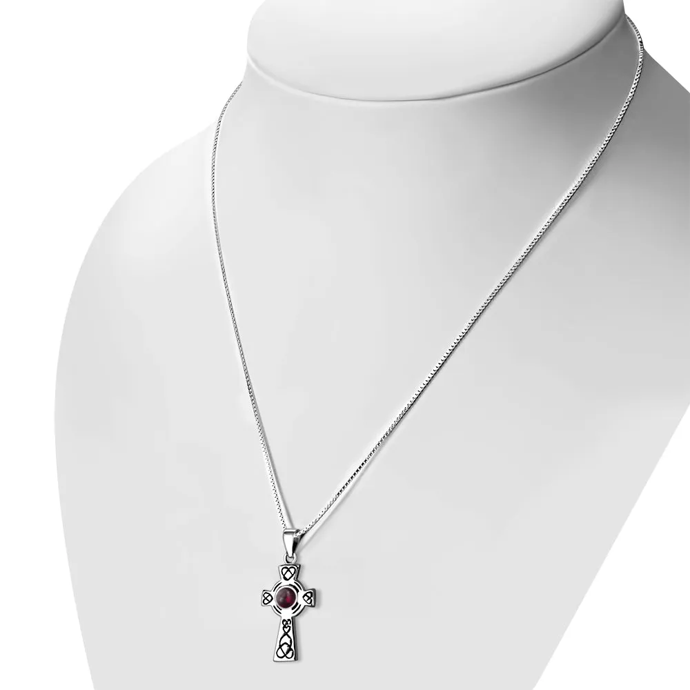 Garnet Stone Celtic Cross Silver Pendant
