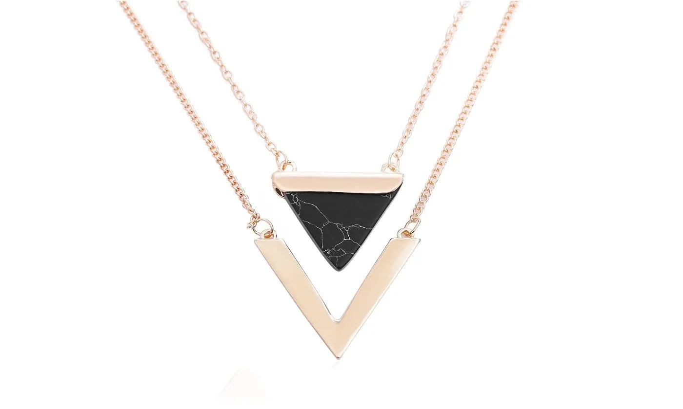 Geometric Triangle Faux Marble Stone Pendant Necklace