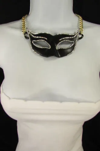 Gold Metal Chain Black Venetian Face Mask Big Pendant Necklace