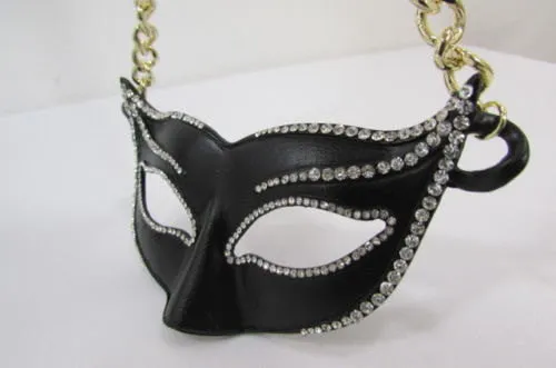 Gold Metal Chain Black Venetian Face Mask Big Pendant Necklace
