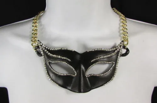 Gold Metal Chain Black Venetian Face Mask Big Pendant Necklace