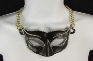 Gold Metal Chain Black Venetian Face Mask Big Pendant Necklace